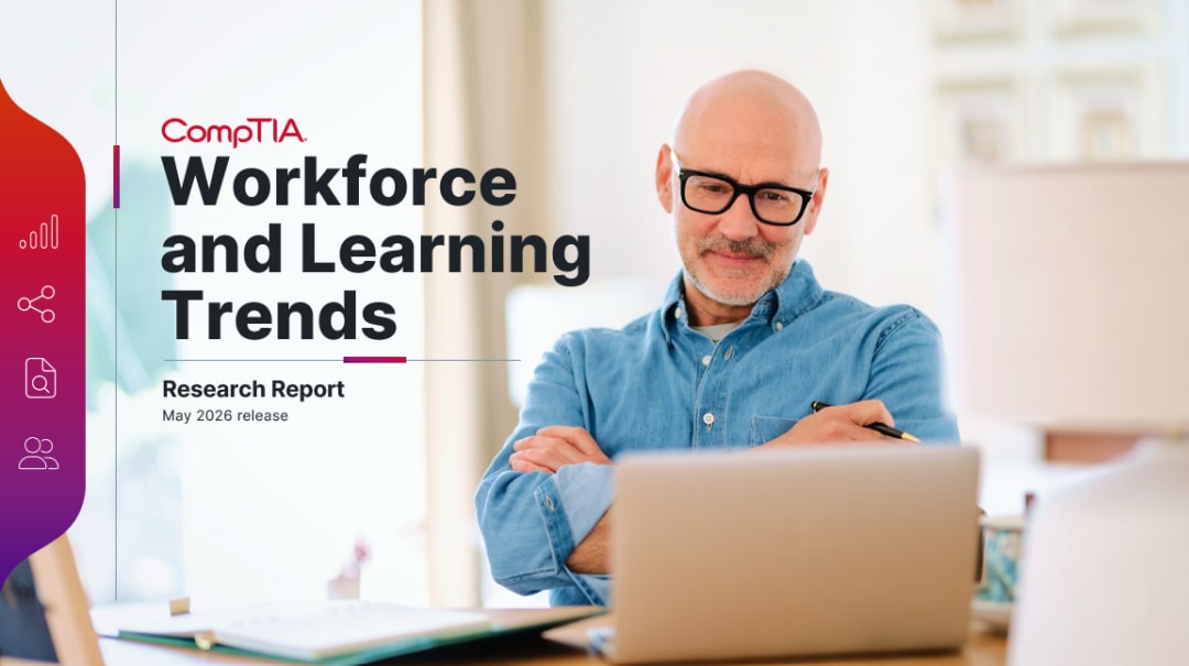 CompTIA Workforce and Learning Trends Research Report (May 2026) cover featuring a man at a laptop.