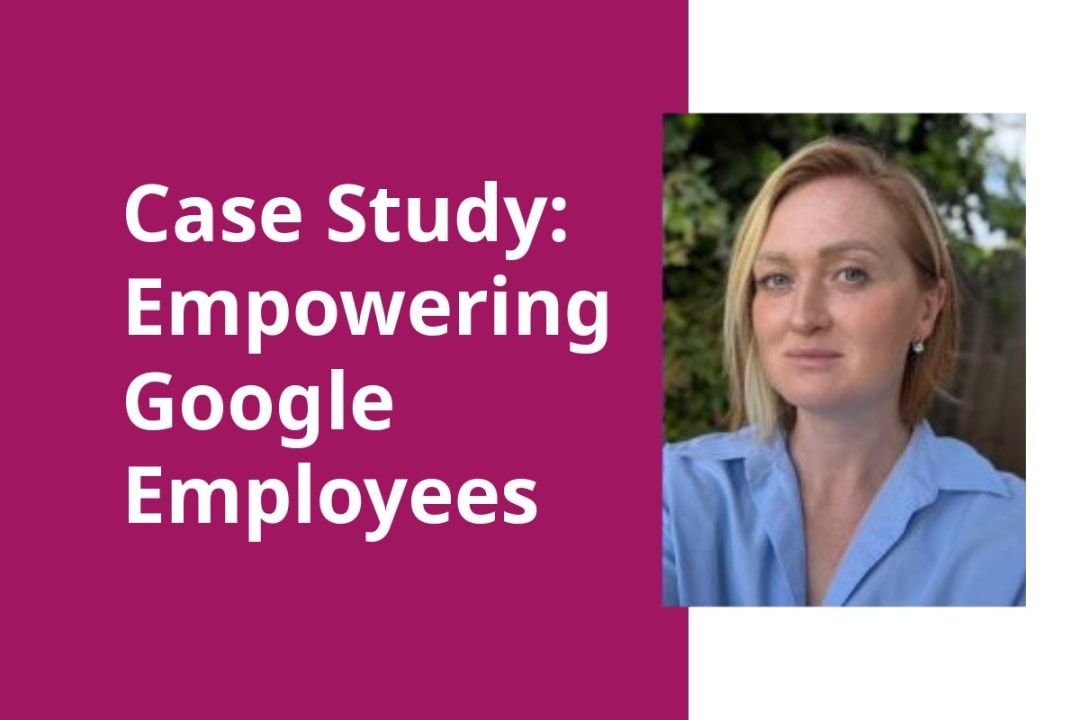 Graphic titled 'Case Study: Empowering Google Employees' featuring a portrait of a woman in a blue shirt.