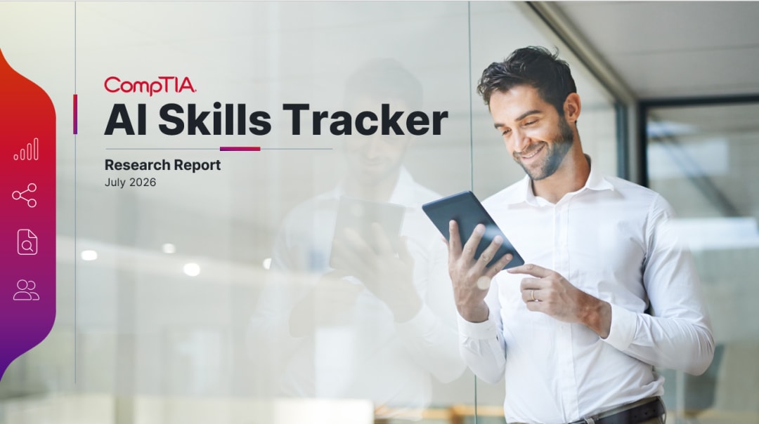 CompTIA AI Skills Tracker Research Report cover showing a smiling man looking at a tablet.
