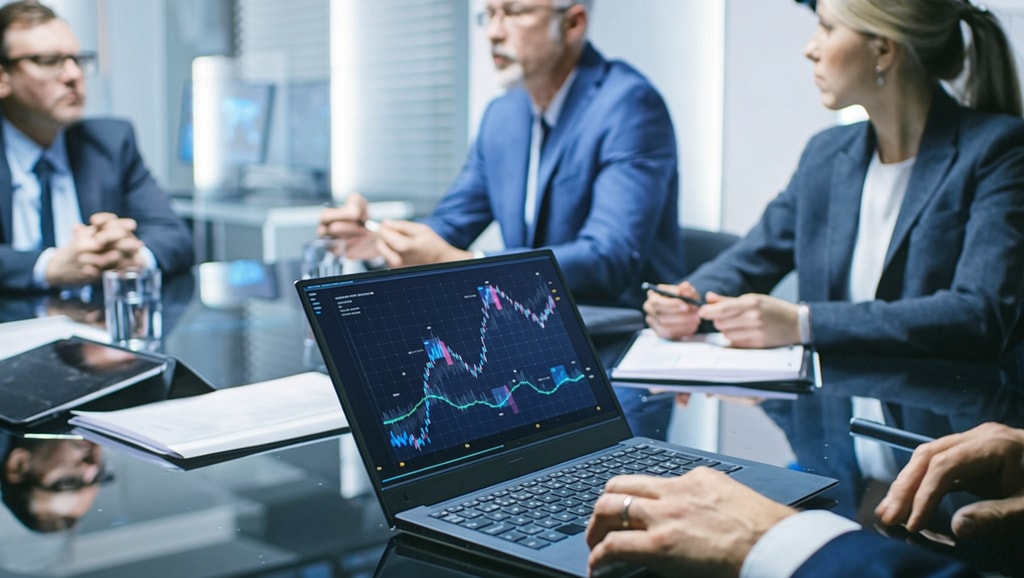 Laptop screen displaying a financial chart, with business professionals collaborating in a meeting in the background.