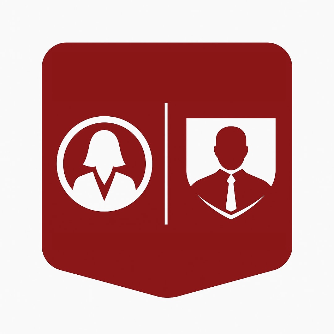 Maroon icon featuring silhouettes of a business woman and a man in a tie, representing partner business profiles.