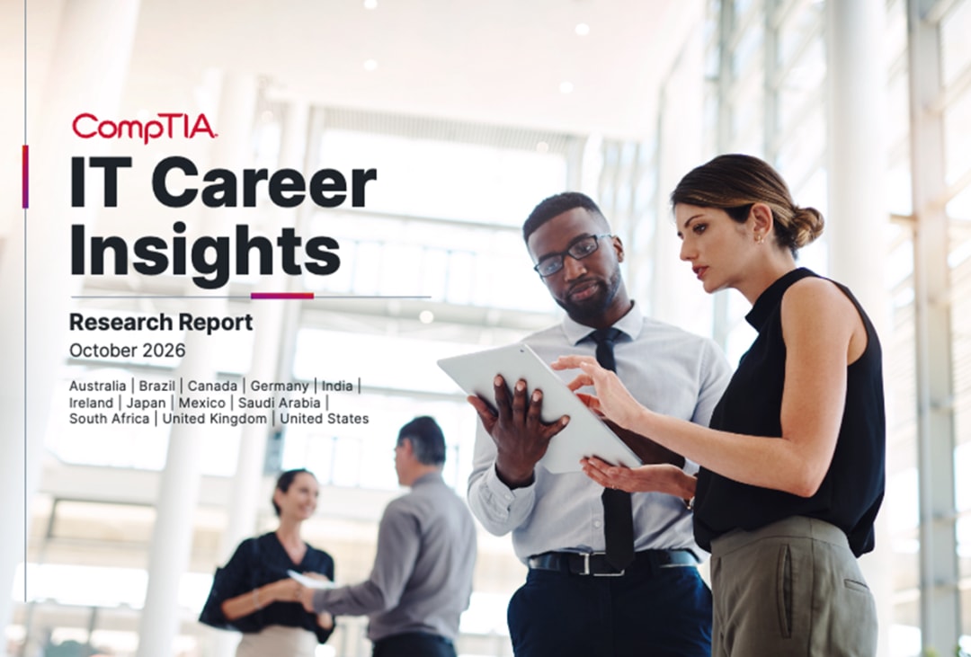 CompTIA IT Career Insights Research Report cover featuring two colleagues reviewing a tablet