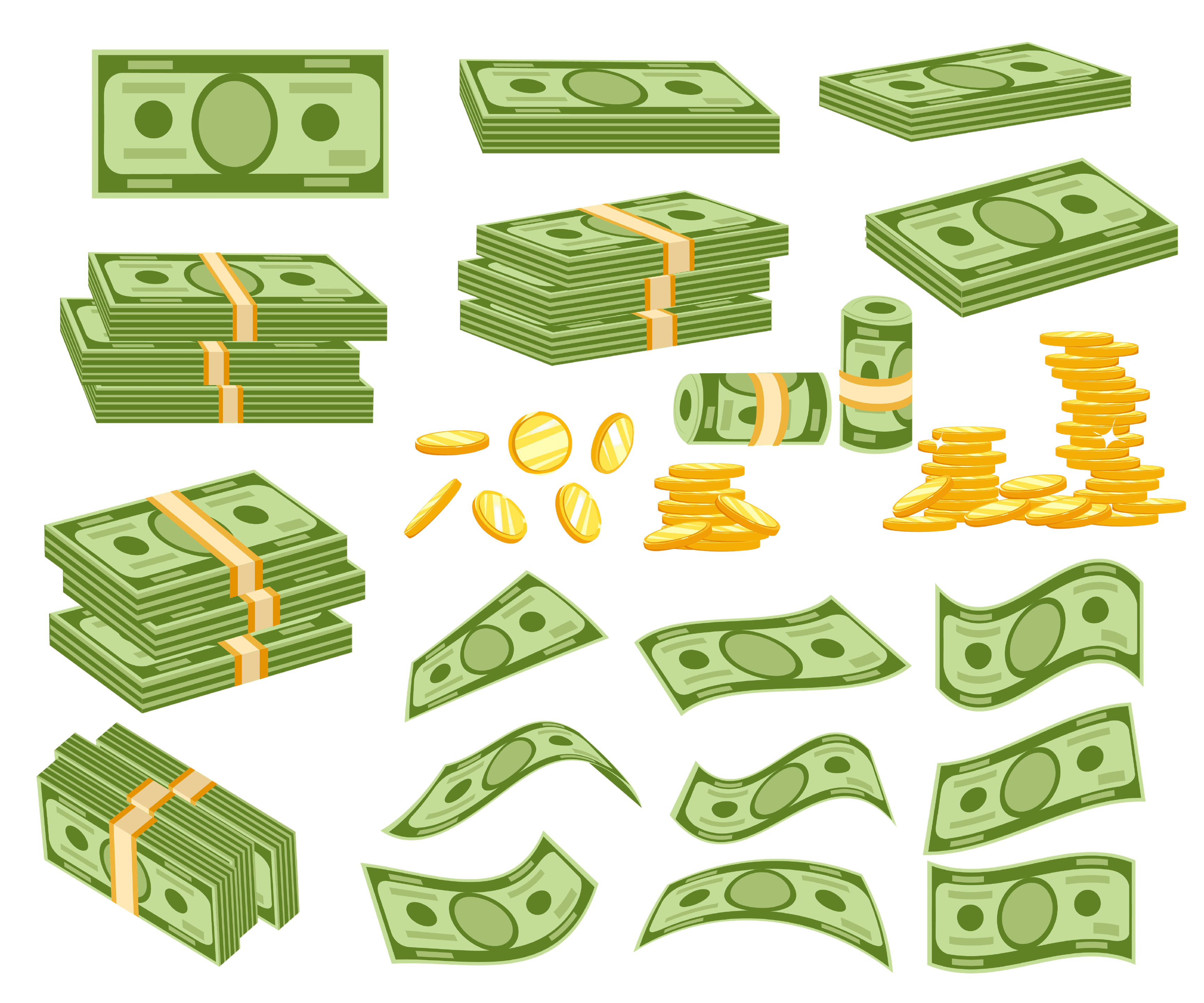 Set a various kind of money. Packing in bundles of bank notes, bills fly, gold coins. Vector illustration isolated on white background. Web site page and mobile app design.