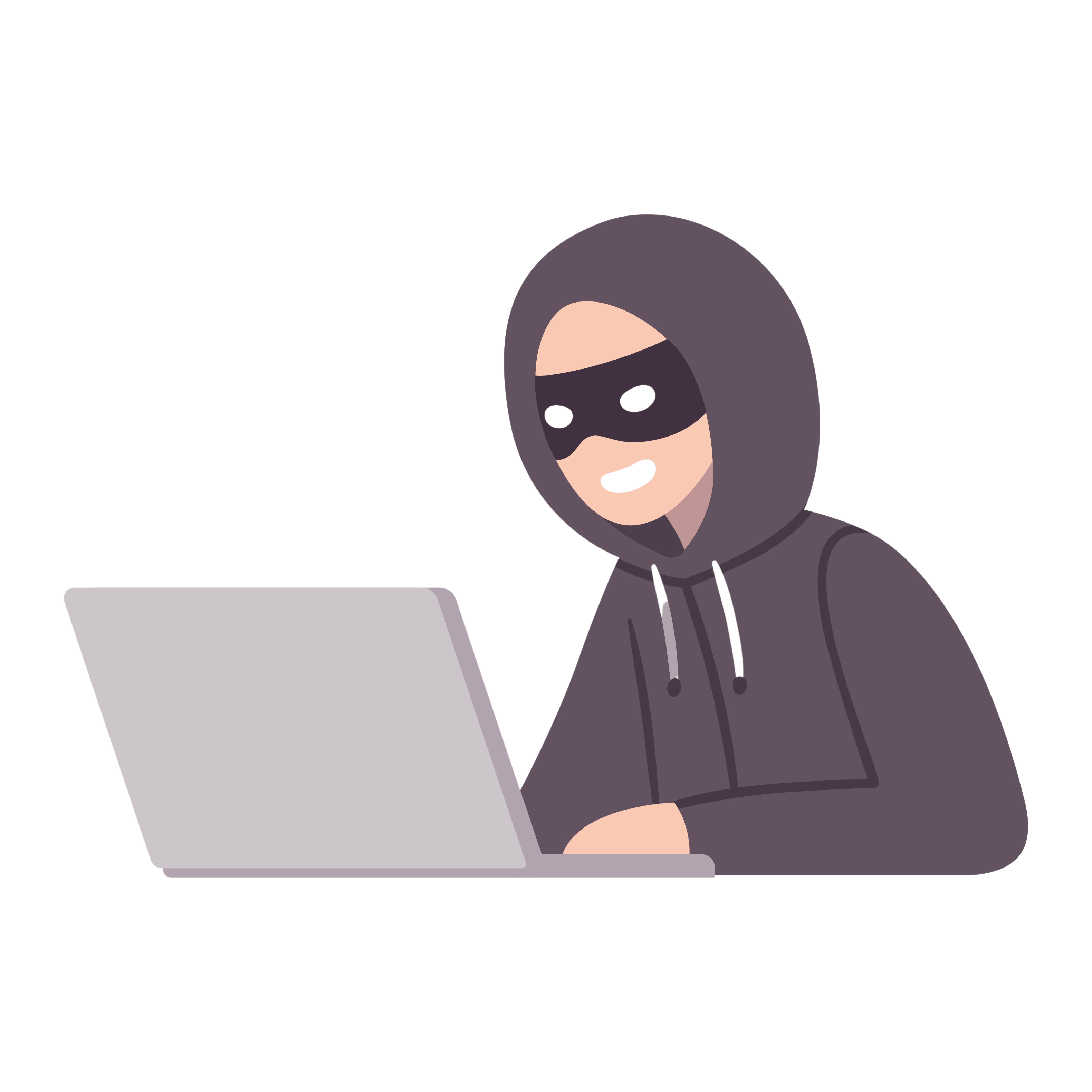 Hacker thief with laptop computer stealing passwords and confidential data. Cyber attack and security vector illustration.